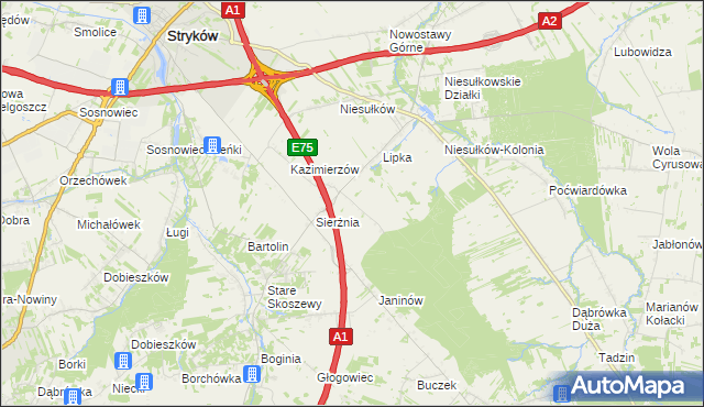 mapa Anielin gmina Stryków, Anielin gmina Stryków na mapie Targeo