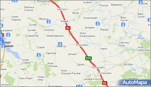 mapa Antoniewo gmina Lubień Kujawski, Antoniewo gmina Lubień Kujawski na mapie Targeo