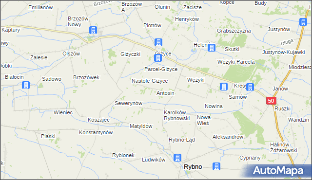mapa Antosin gmina Rybno, Antosin gmina Rybno na mapie Targeo