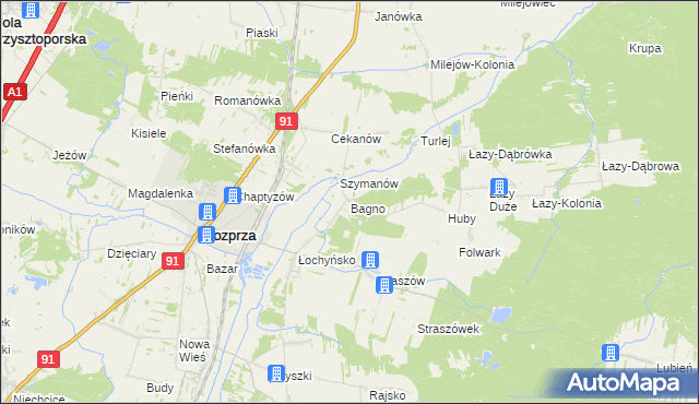 mapa Bagno gmina Rozprza, Bagno gmina Rozprza na mapie Targeo