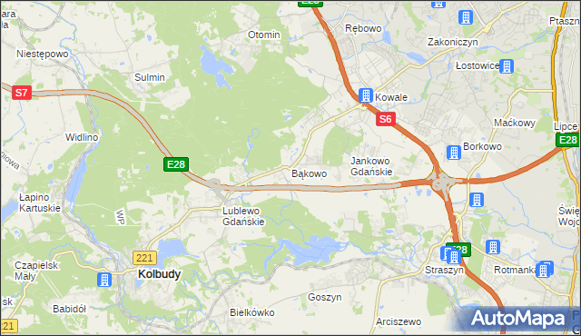 mapa Bąkowo gmina Kolbudy, Bąkowo gmina Kolbudy na mapie Targeo