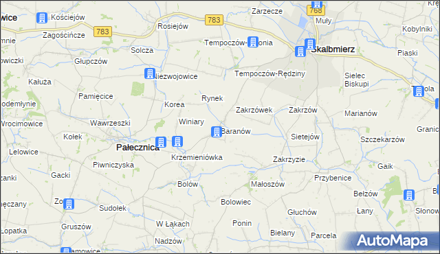 mapa Baranów gmina Skalbmierz, Baranów gmina Skalbmierz na mapie Targeo