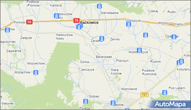 mapa Baranówek gmina Baćkowice, Baranówek gmina Baćkowice na mapie Targeo