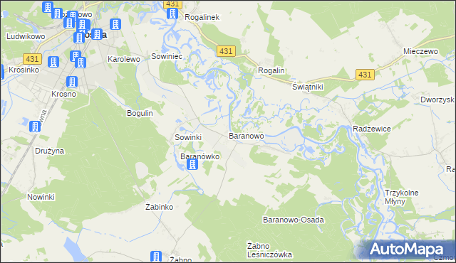 mapa Baranowo gmina Mosina, Baranowo gmina Mosina na mapie Targeo