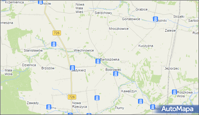 mapa Bartoszówka gmina Rzeczyca, Bartoszówka gmina Rzeczyca na mapie Targeo
