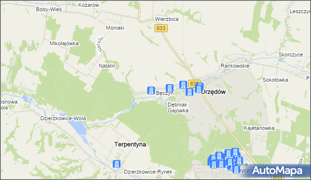 mapa Bęczyn gmina Urzędów, Bęczyn gmina Urzędów na mapie Targeo