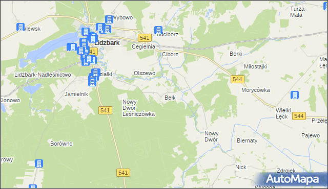mapa Bełk gmina Lidzbark, Bełk gmina Lidzbark na mapie Targeo