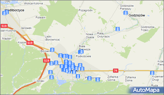 mapa Biała Druga gmina Janów Lubelski, Biała Druga gmina Janów Lubelski na mapie Targeo