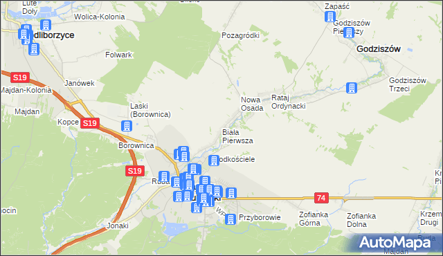 mapa Biała Pierwsza gmina Janów Lubelski, Biała Pierwsza gmina Janów Lubelski na mapie Targeo