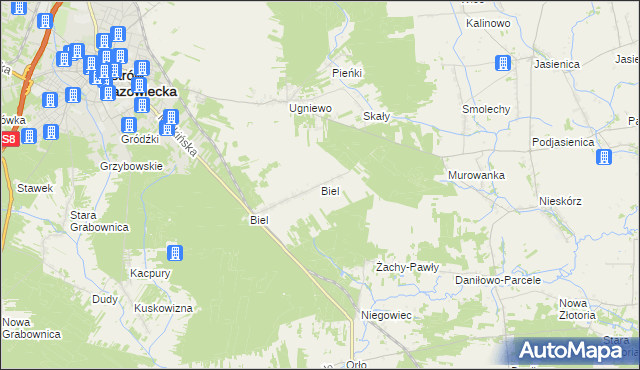 mapa Biel gmina Ostrów Mazowiecka, Biel gmina Ostrów Mazowiecka na mapie Targeo