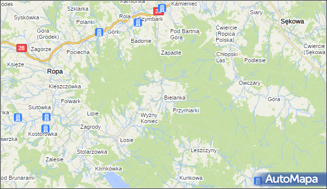 mapa Bielanka gmina Gorlice, Bielanka gmina Gorlice na mapie Targeo
