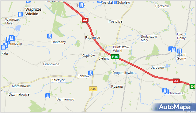 mapa Bielany gmina Wądroże Wielkie, Bielany gmina Wądroże Wielkie na mapie Targeo