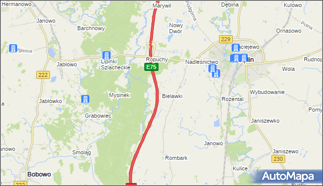 mapa Bielawki gmina Pelplin, Bielawki gmina Pelplin na mapie Targeo