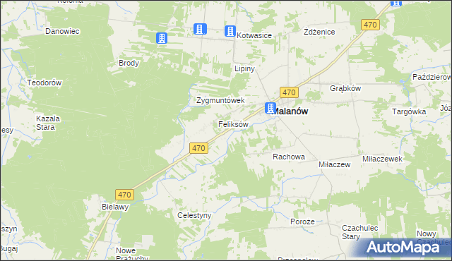 mapa Bielawy gmina Malanów, Bielawy gmina Malanów na mapie Targeo