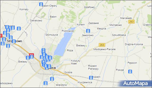 mapa Bielawy gmina Słupca, Bielawy gmina Słupca na mapie Targeo