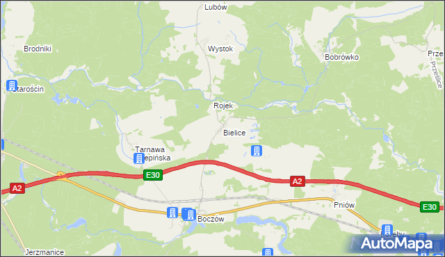 mapa Bielice gmina Torzym, Bielice gmina Torzym na mapie Targeo