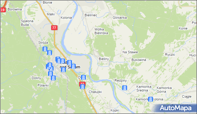 mapa Bieliny gmina Ulanów, Bieliny gmina Ulanów na mapie Targeo