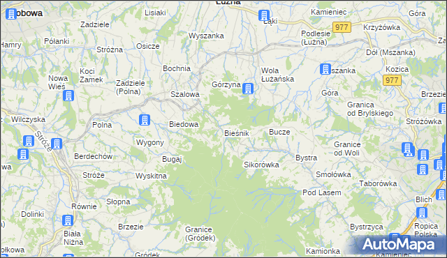 mapa Bieśnik gmina Łużna, Bieśnik gmina Łużna na mapie Targeo