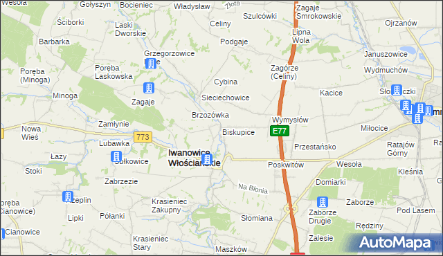mapa Biskupice gmina Iwanowice, Biskupice gmina Iwanowice na mapie Targeo