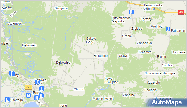mapa Biskupice gmina Olsztyn, Biskupice gmina Olsztyn na mapie Targeo