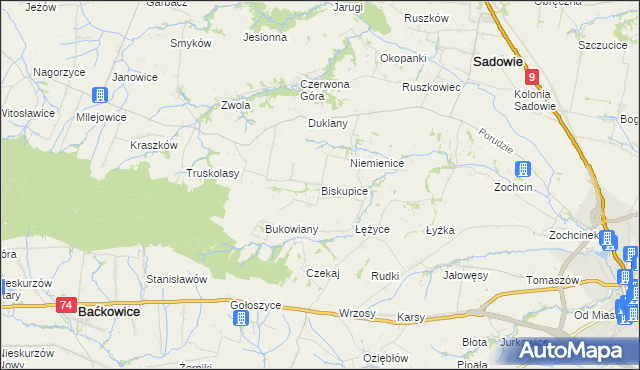 mapa Biskupice gmina Sadowie, Biskupice gmina Sadowie na mapie Targeo