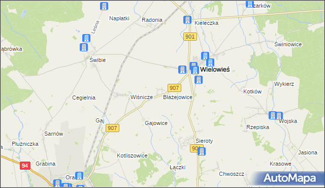 mapa Błażejowice gmina Wielowieś, Błażejowice gmina Wielowieś na mapie Targeo