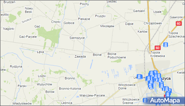 mapa Błonie gmina Łęczyca, Błonie gmina Łęczyca na mapie Targeo