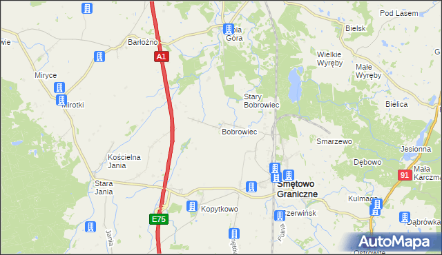 mapa Bobrowiec gmina Smętowo Graniczne, Bobrowiec gmina Smętowo Graniczne na mapie Targeo