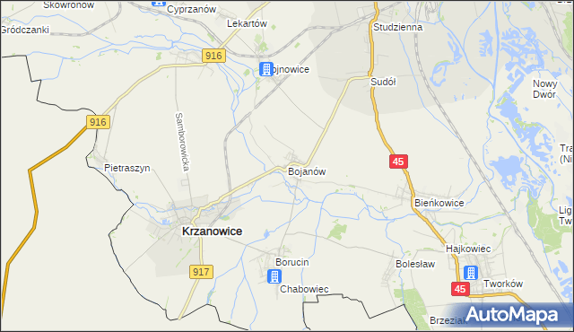 mapa Bojanów gmina Krzanowice, Bojanów gmina Krzanowice na mapie Targeo