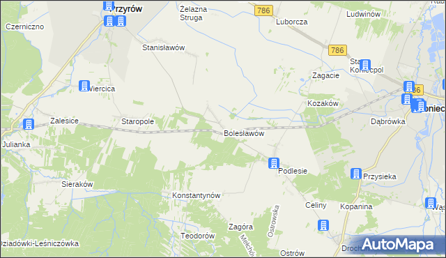 mapa Bolesławów gmina Przyrów, Bolesławów gmina Przyrów na mapie Targeo