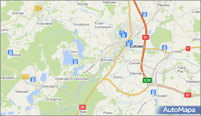 mapa Borkowo gmina Żukowo, Borkowo gmina Żukowo na mapie Targeo
