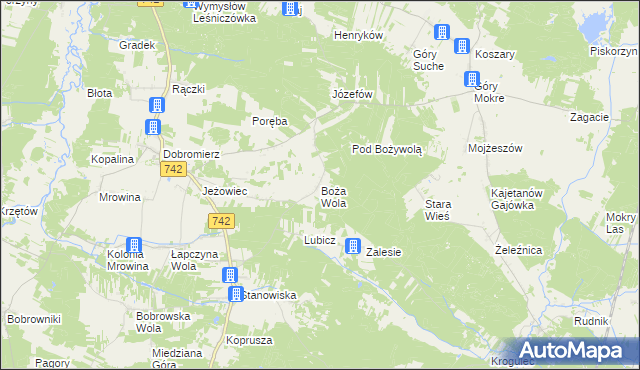 mapa Boża Wola gmina Kluczewsko, Boża Wola gmina Kluczewsko na mapie Targeo