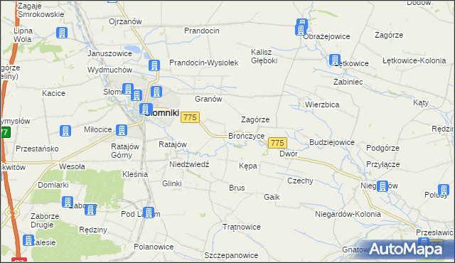 mapa Brończyce gmina Słomniki, Brończyce gmina Słomniki na mapie Targeo
