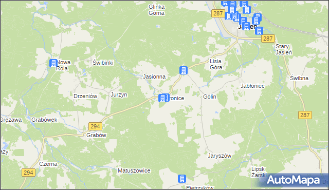 mapa Bronice gmina Jasień, Bronice gmina Jasień na mapie Targeo