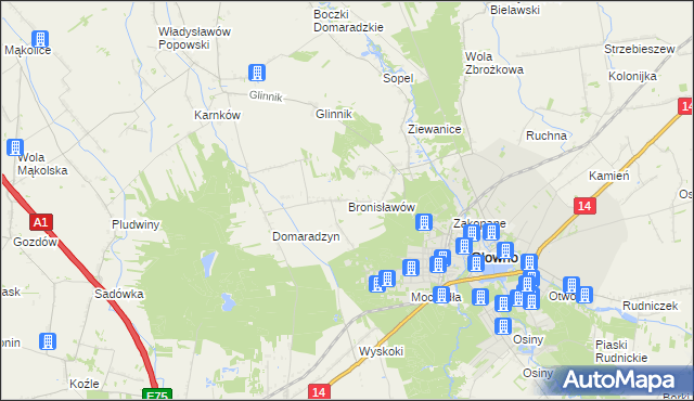 mapa Bronisławów gmina Głowno, Bronisławów gmina Głowno na mapie Targeo