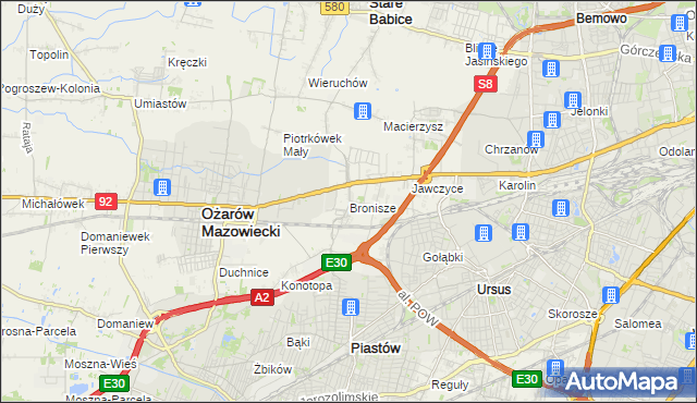 mapa Bronisze gmina Ożarów Mazowiecki, Bronisze gmina Ożarów Mazowiecki na mapie Targeo