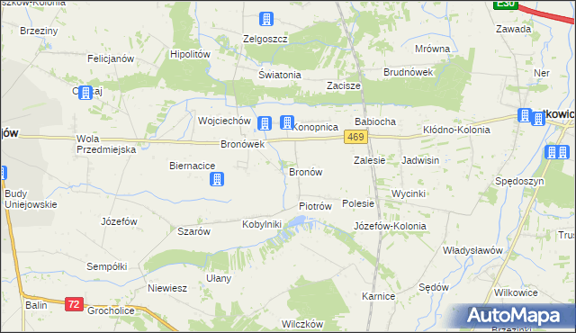 mapa Bronów gmina Wartkowice, Bronów gmina Wartkowice na mapie Targeo
