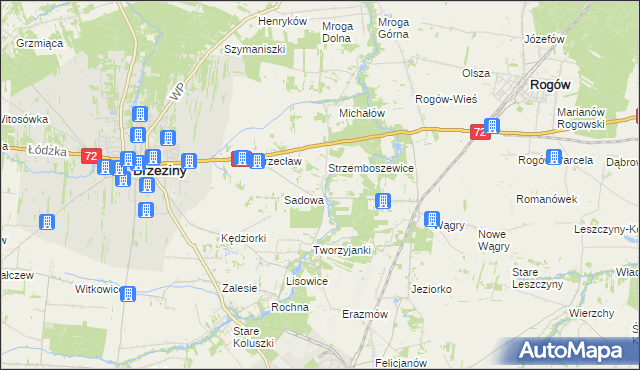 mapa Bronowice gmina Brzeziny, Bronowice gmina Brzeziny na mapie Targeo