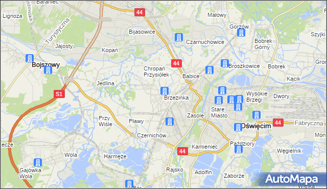mapa Brzezinka gmina Oświęcim, Brzezinka gmina Oświęcim na mapie Targeo