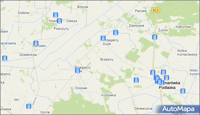 mapa Brzeziny gmina Komarówka Podlaska, Brzeziny gmina Komarówka Podlaska na mapie Targeo