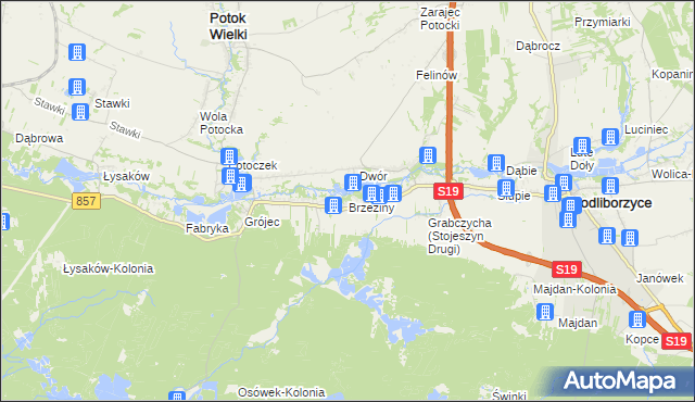 mapa Brzeziny gmina Modliborzyce, Brzeziny gmina Modliborzyce na mapie Targeo