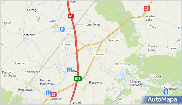mapa Brzeźno gmina Lubicz, Brzeźno gmina Lubicz na mapie Targeo