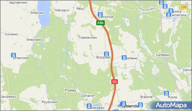 mapa Brzozowo gmina Przybiernów, Brzozowo gmina Przybiernów na mapie Targeo