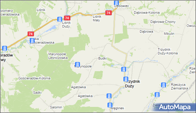 mapa Budki gmina Trzydnik Duży, Budki gmina Trzydnik Duży na mapie Targeo