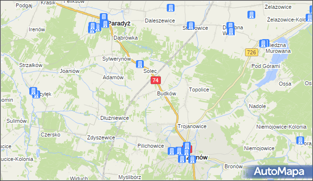 mapa Budków gmina Żarnów, Budków gmina Żarnów na mapie Targeo