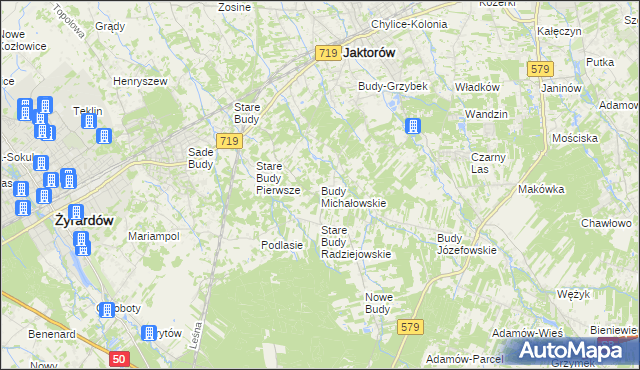 mapa Budy Michałowskie gmina Jaktorów, Budy Michałowskie gmina Jaktorów na mapie Targeo