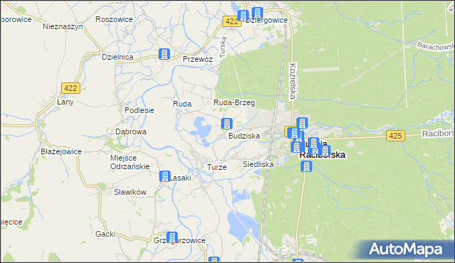 mapa Budziska gmina Kuźnia Raciborska, Budziska gmina Kuźnia Raciborska na mapie Targeo