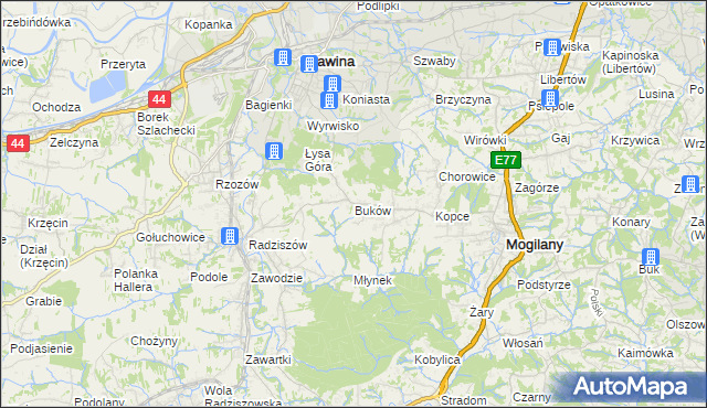 mapa Buków gmina Mogilany, Buków gmina Mogilany na mapie Targeo