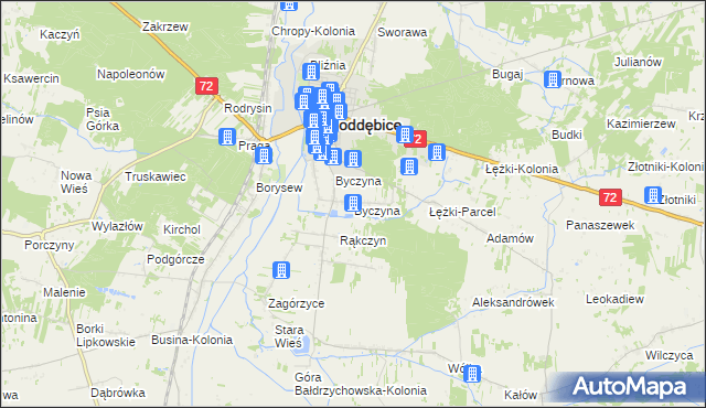 mapa Byczyna gmina Poddębice, Byczyna gmina Poddębice na mapie Targeo