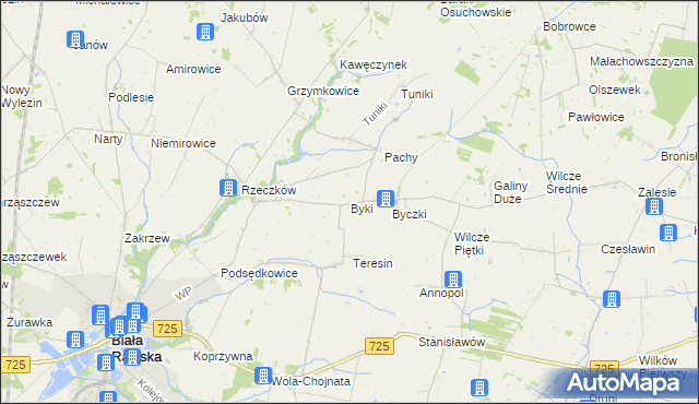 mapa Byki gmina Biała Rawska, Byki gmina Biała Rawska na mapie Targeo